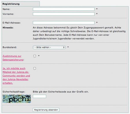Formular zur Registrierung für das Online-Antragsverfahren